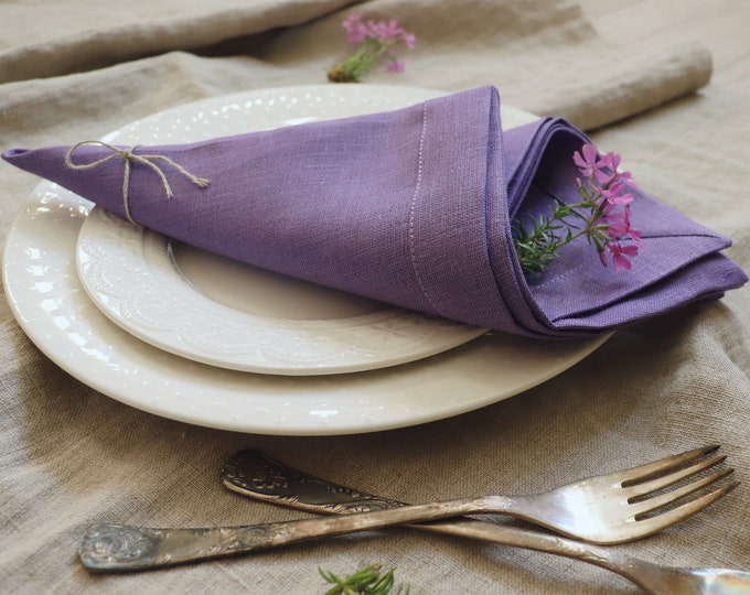 Natural linen napkins set in purple color, Lavender Napkins of organic linen flax, Wedding napkins,  Easter Napkins, Christmas linen napkins