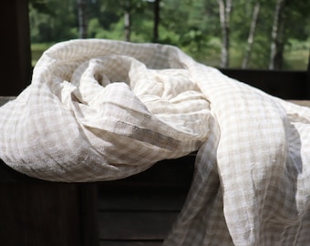 Natural linen scarf for man or woman, White Gray linen scarf of softened flax, Checked linen shawl, Pure linen wrap, Gift for him or her