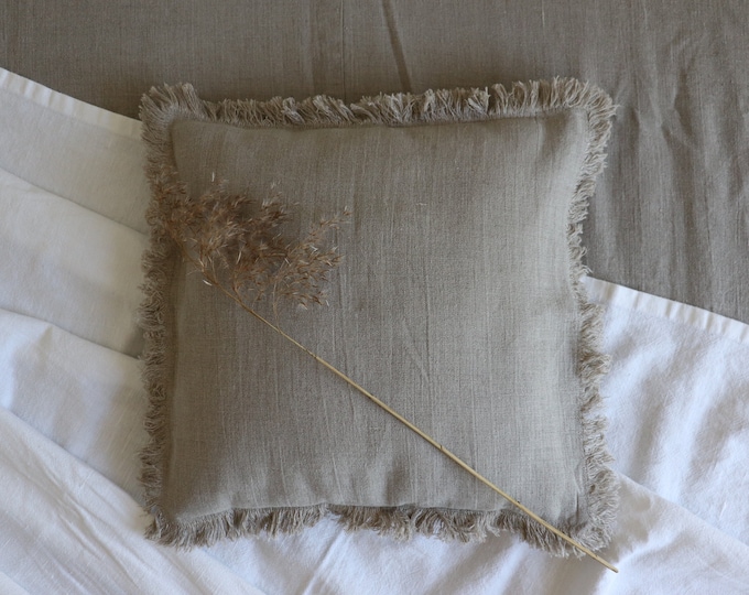 Linen pillowcase with raw edge, Natural grey linen pillow cover, Pure linen pillowcase, Long lumbar pillow, Soft linen pillowcase, Bedding