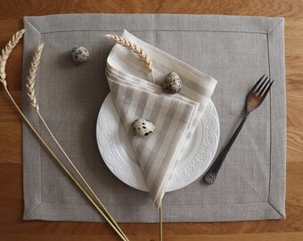 Striped Linen Napkins of Natural Flax. White off/Grey napkin of pure Linen. Easter napkin. Mothers Day Gift. Wedding napkins in French Style