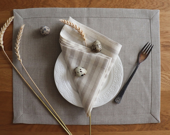 Striped Linen Napkins of Natural Flax. White off/Grey napkin of pure Linen. Easter napkin. Mothers Day Gift. Wedding napkins in French Style