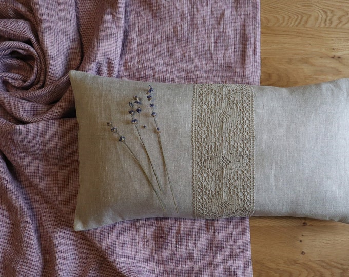 Oatmeal linen pillow cover with lace, Lumbar linen pillow of natural flax, Decorative linen pillow, Linen cushion, Pure linen pillow case