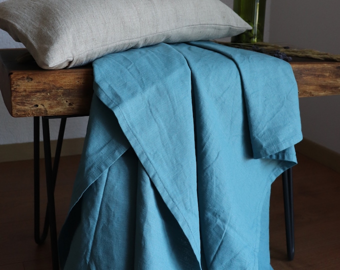 Sea blue linen blanket of natural flax, Softened linen throw blanket, Summer linen blanket, Thick linen bed cover, Beach linen blanket, Gift