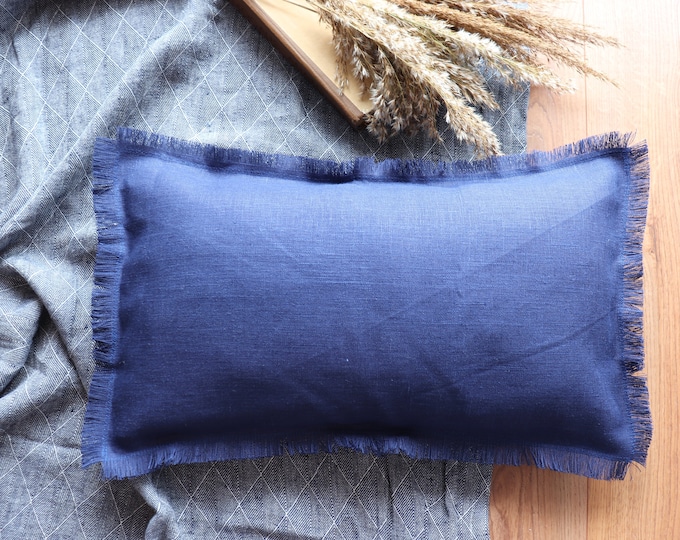 Linen pillow with fringes - Lumbar linen pillow cover -Bench cushion - Custom color pillowcase - Long lumbar pillow - Thick linen pillow