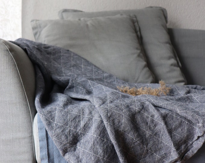 Soft Linen Blanket in a diamond pattern - Pure Linen Blanket - Baby Linen Blanket - Linen Plaid - Linen Throw - Beach Blanket - Linen Bed
