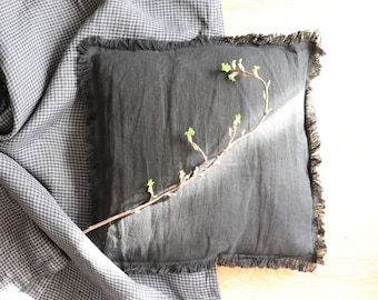 Modern linen pillow with raw edge, Black linen pillowcase with fringes, Pure linen pillow cover, Natural linen cushion cover, Gift idea