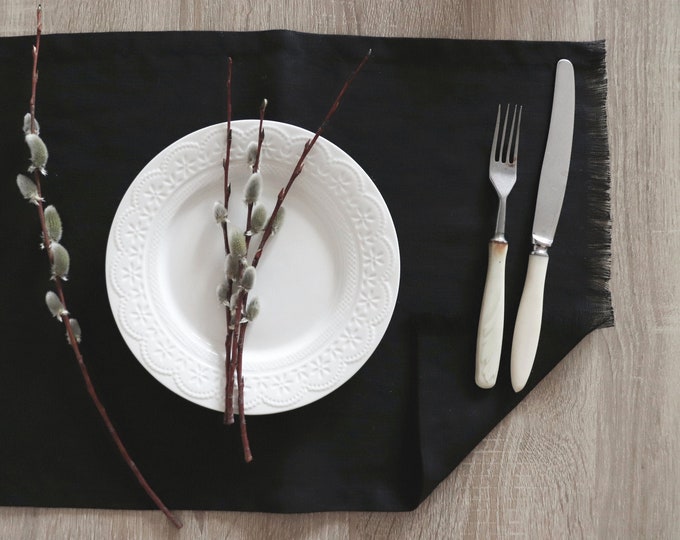 Placemats with fringed edges of natural linen flax. Black linen placemats. Pure linen placemats. Kitchen table decor. Easter placemats. Gift