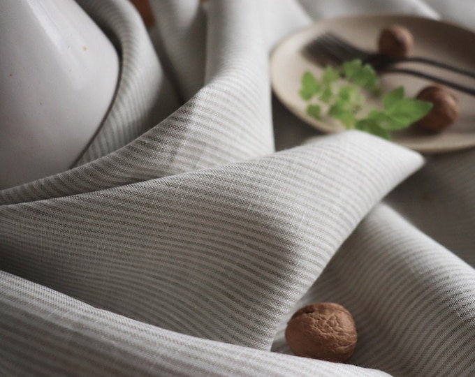 Pure linen tablecloth in a striped pattern, White Grey linen tablecloth, Wedding tablecloth, Easter decor, Striped tablecloth, Christmas