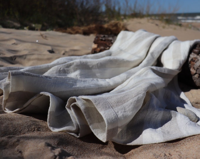 Striped pure linen blanket, White Gray soft linen throw blanket, Summer blanket, Natural Linen summer cover, Thick linen bed cover, Gift