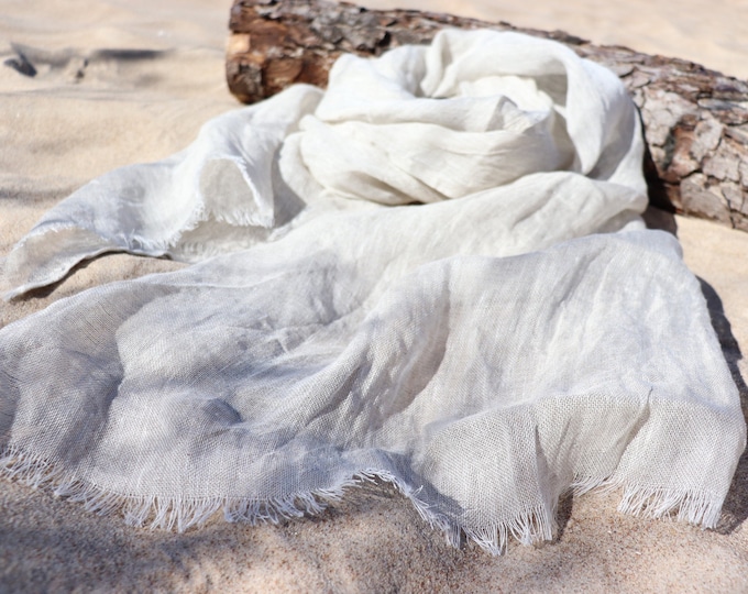 Wide scarf of natural linen flax,  Light grey linen scarf of softened flax, Washed linen shawl, Unisex Scarf , Summer/Spring beach shawl