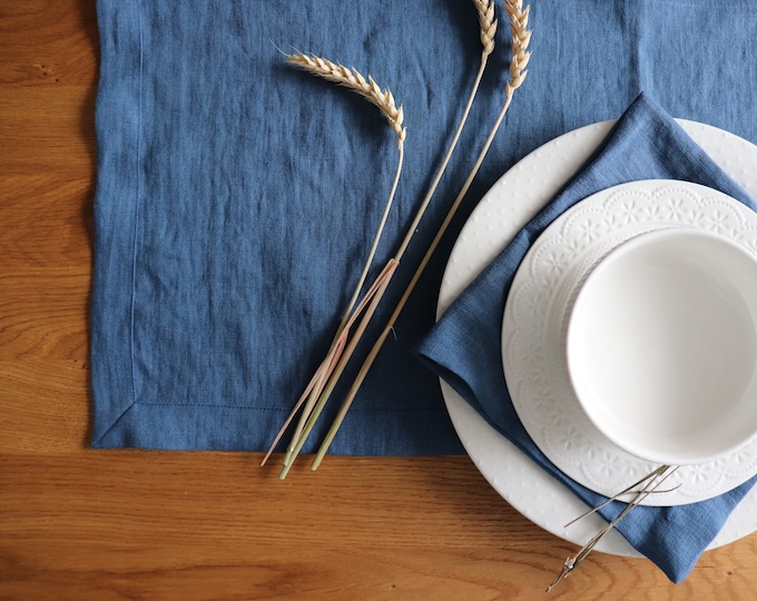 BLUE TABLE RUNNER and napkins, Linen table runner, Pure linen runner, Natural linen runner, Thanksgiving table linen, Christmas table runner