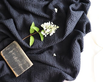 Black Waffle linen blanket, Natural linen throw blanket, Soft linen summer cover Bed cover, bedspread, coverlet in Single and Queen sizes