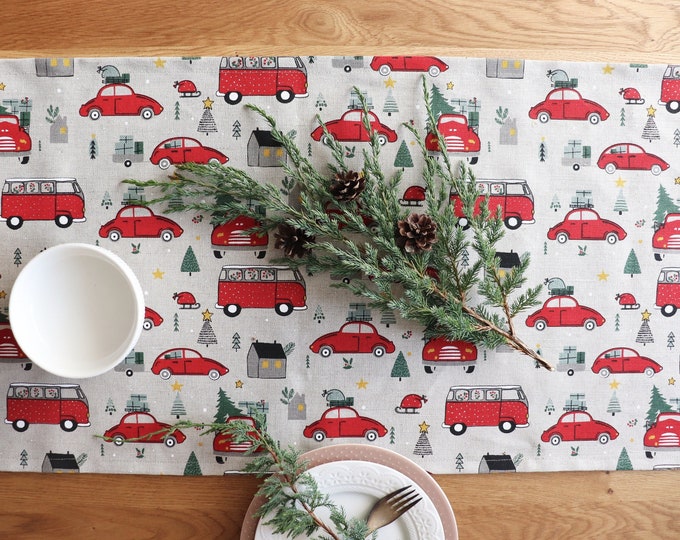 Christmas table runner of linen flax , Natural linen table runner, Linen table runner with red cars, Organic linen table runner, Gift idea