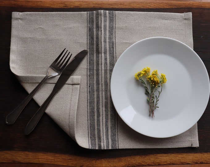 Grain Sack Placemat Set of Thick Natural Linen Flax with grey stripes, Organic Linen Placemats With Stripes, Farmhouse Style Linen Placemats