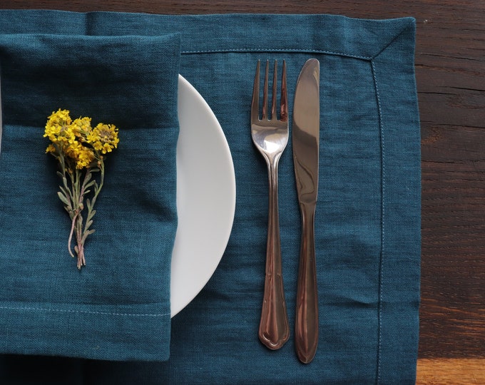 Blue Linen Placemat Set of 6,8,10 made of flax. Natural Linen Placemat. Rustic Linen Placemats. Christmas Linen Placemat. Easter Table Decor