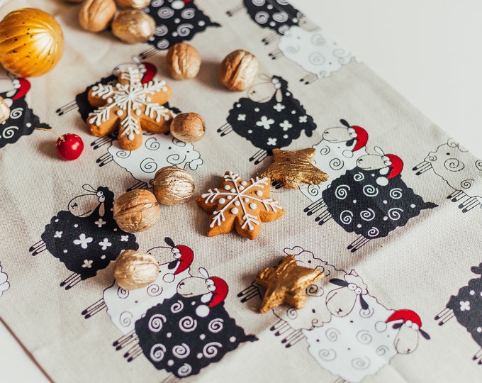 Christmas  table runner made of natural linen flax,  Organic table runner of pure linen,  Patterned table runner for Christmas table decor