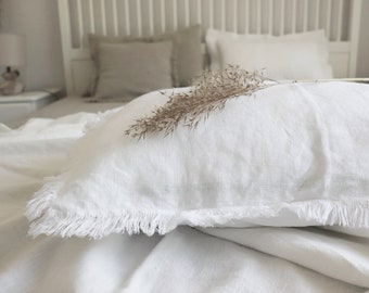 Natural Linen body pillow cover, Long body pillowcase with fringes, Fringed linen pillowcase, Long linen lumbar pillowcase, Farmhouse pillow