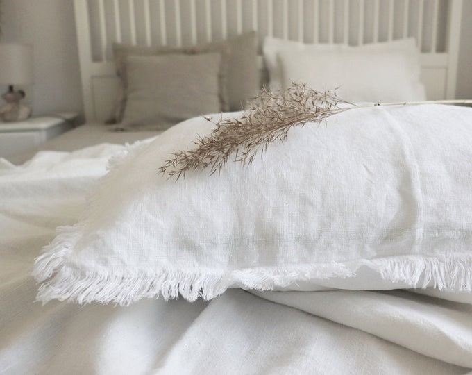 Natural Linen body pillow cover, Long body pillowcase with fringes, Fringed linen pillowcase, Long linen lumbar pillowcase, Farmhouse pillow