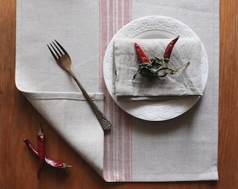 Thick linen table runner in grain sack pattern, Table runner of natural flax with red stripes, Wedding table runner, Striped table runner