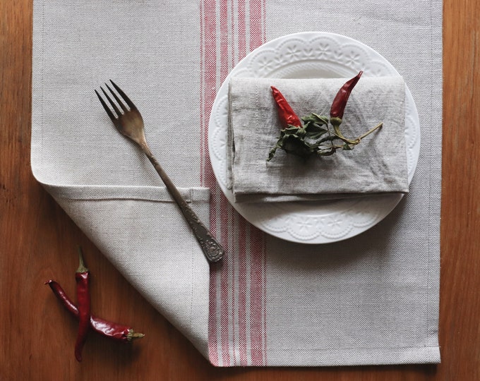 Thick linen table runner in grain sack pattern, Table runner of natural flax with red stripes, Wedding table runner, Striped table runner