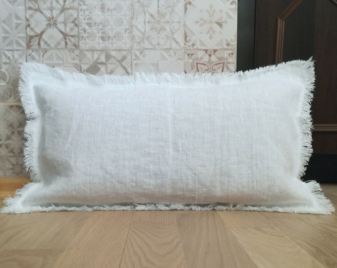 Linen pillow with raw edge - Lumbar linen pillow cover -Bench cushion - White pillowcase - Long lumbar pillow - Thick linen pillow - Natural