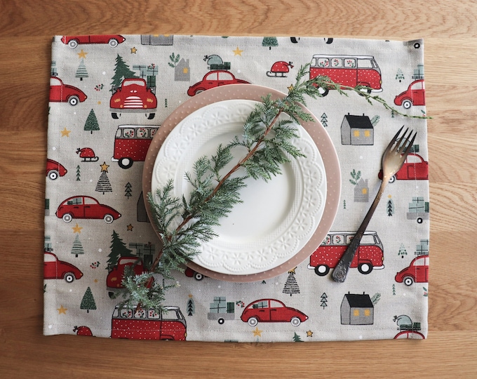 Christmas Placemats of natural linen flax, Placemats for Christmas table, Natural linen placemats, Linen Placemats with red cars, Gift idea