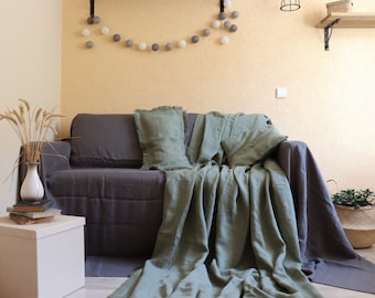 Sage Green Linen Throw Blanket, Natural linen, Pure linen summer cover, Twin size, queen size, king size bed cover, Stonewashed linen, Gift