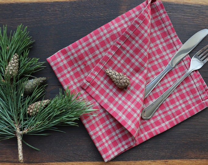 Christmas Napkins of organic linen flax in checkered pattern. Red Grey napkin set of 6 8 10. Festive napkins of natural linen. Thanksgiving