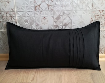 Black pleated lumbar pillow - Bench cushion - Linen pillow case - Long lumbar pillow - Living room throw pillow - Decorative pillow