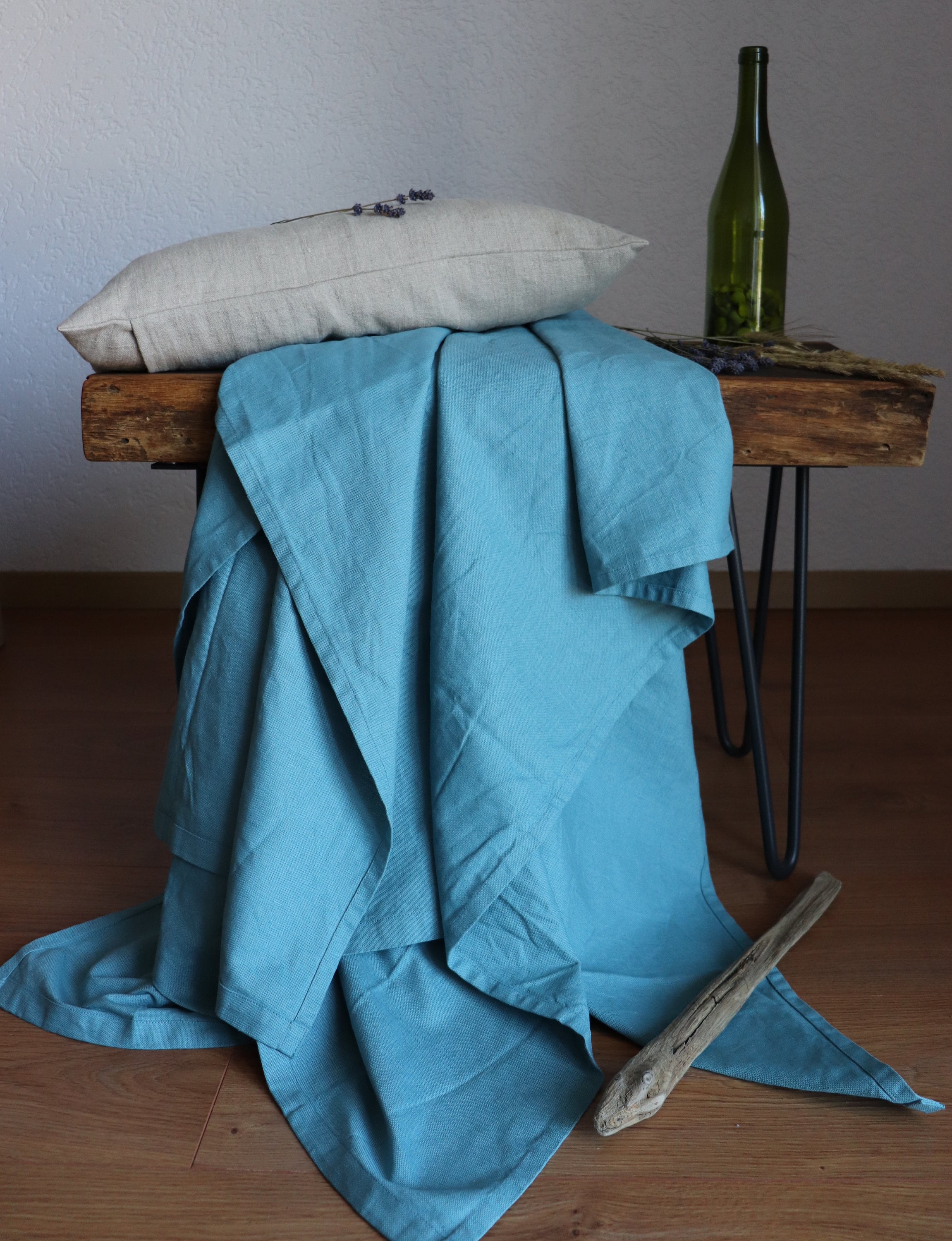 Sea blue linen blanket of natural flax, Softened linen throw blanket