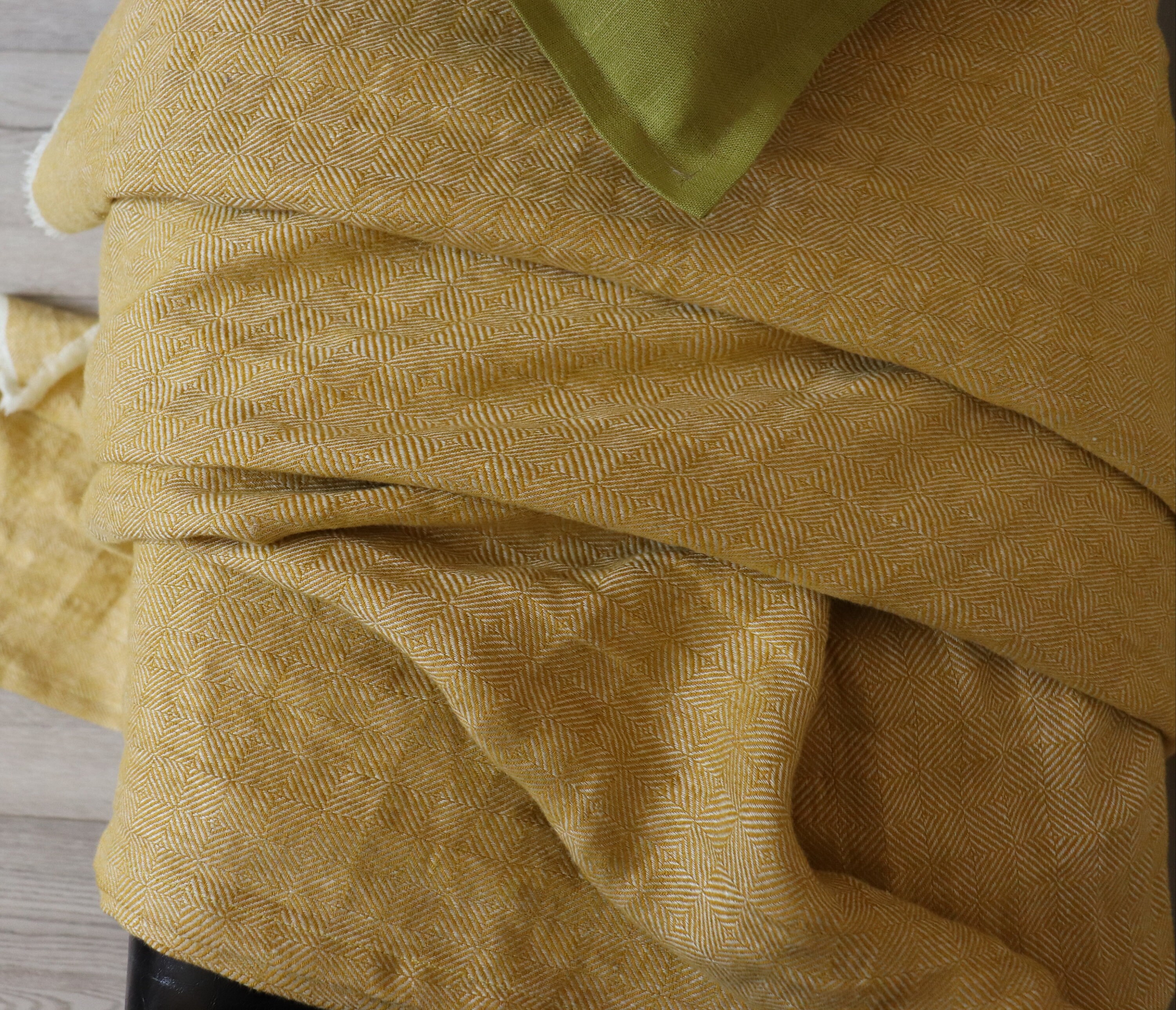 Soft linen throw of patterned linen flax, Yellow mustard linen blanket, Summer throw blanket