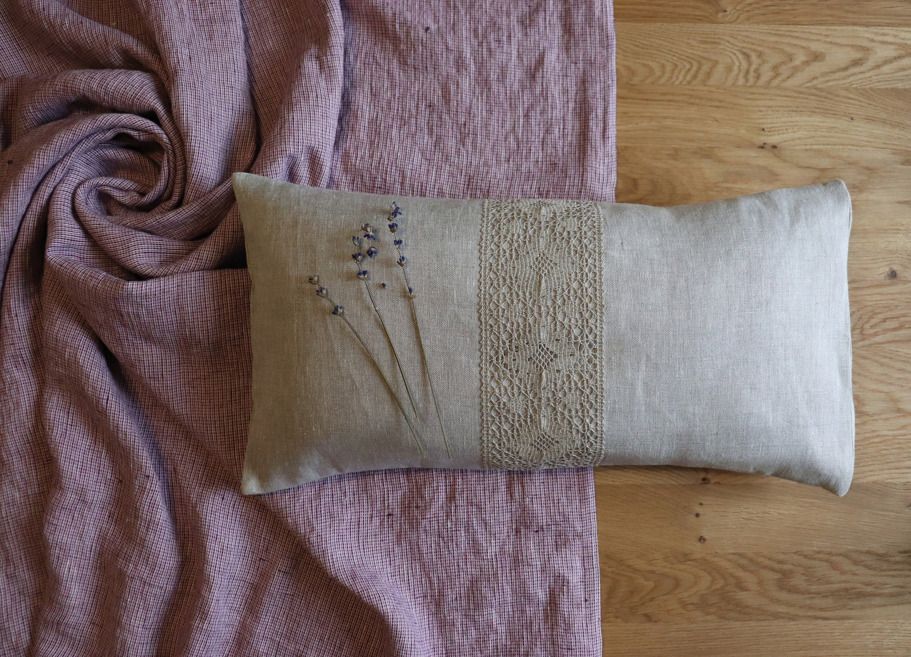 Oatmeal linen pillow cover with lace Lumbar linen pillow of