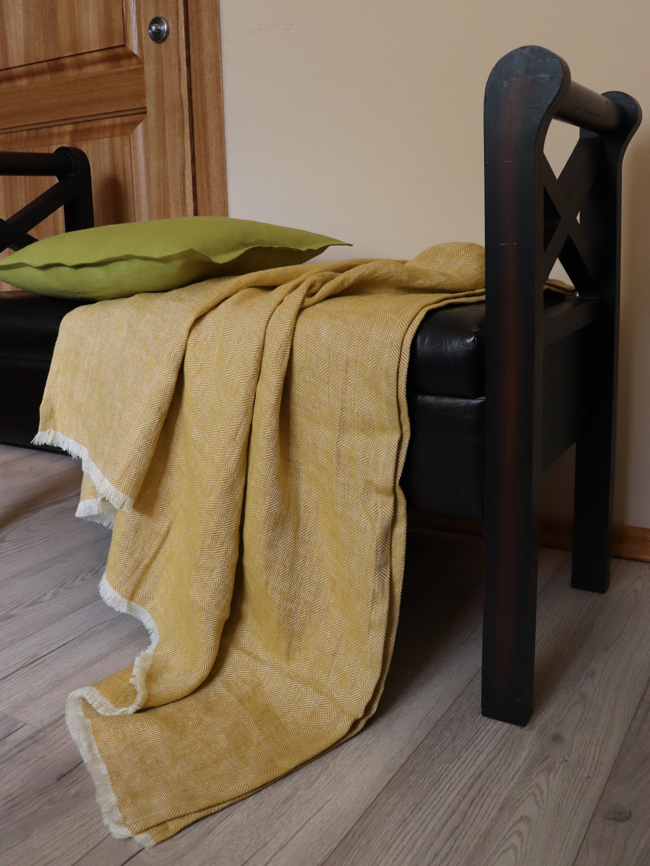 Soft linen throw of patterned linen flax, Yellow mustard linen blanket, Summer throw blanket