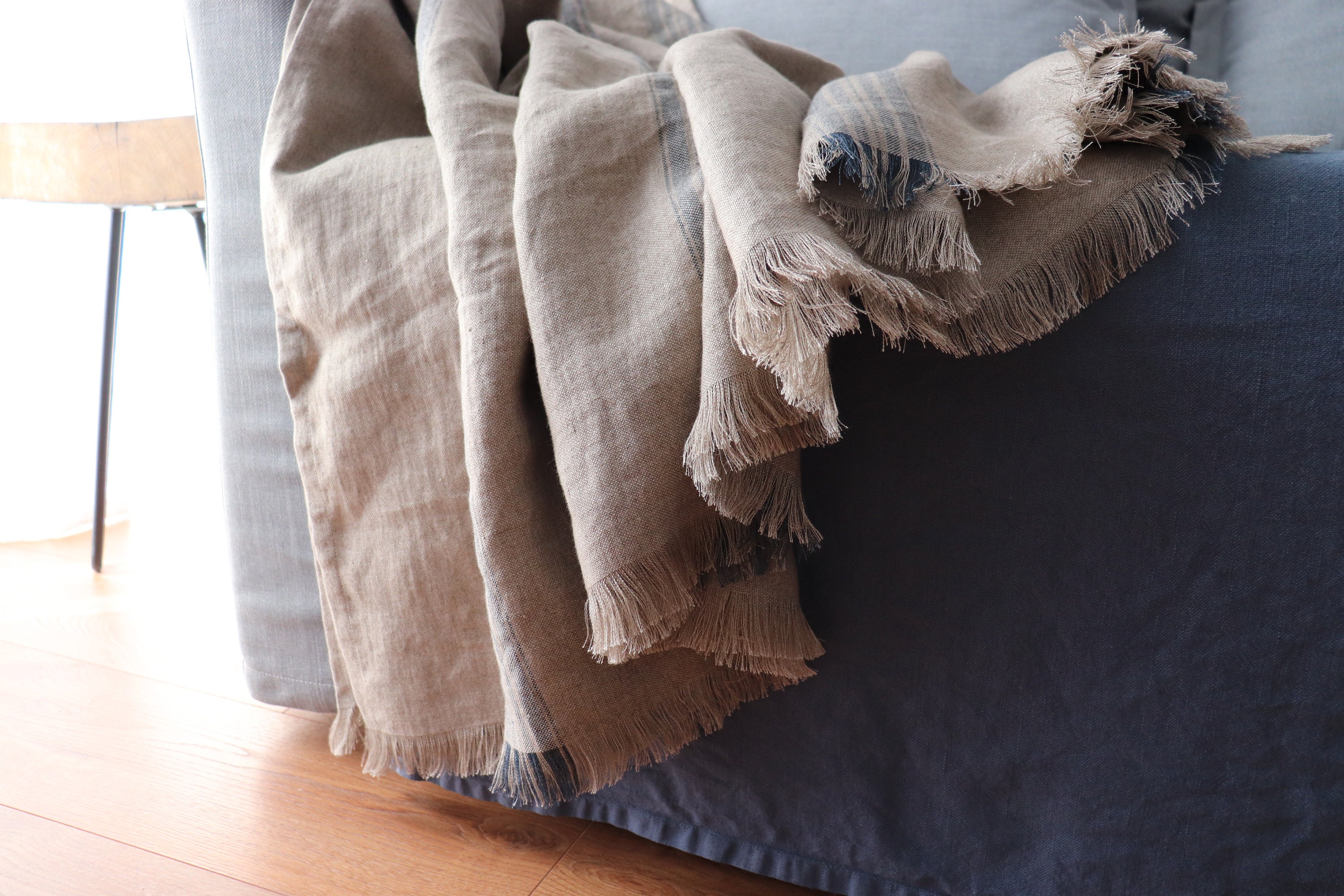 Natural Linen Blanket with stripes in a grain sack pattern, Throw