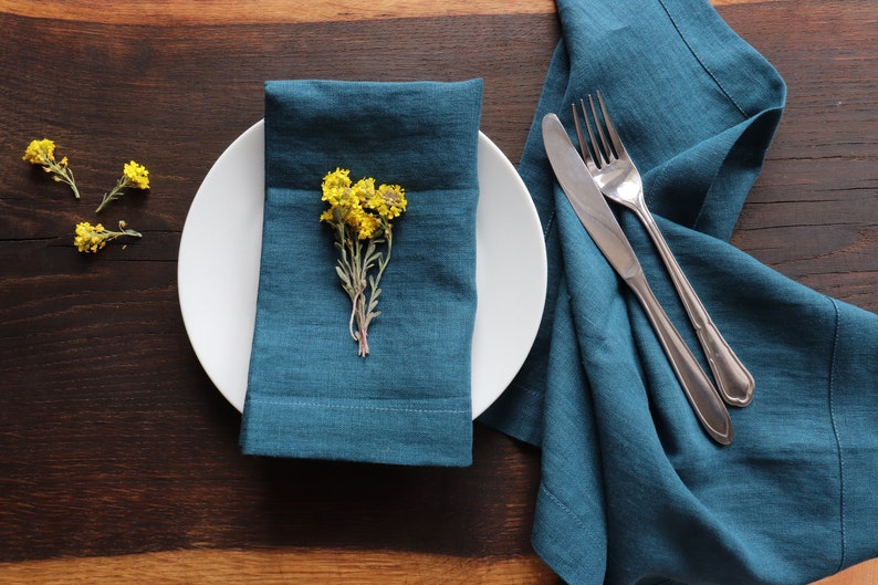 Blue Linen Napkin Set of 6 8 10 of organic flax. Pure Linen Napkins. Narural Linen Napkins. Elegant Christmas Napkins. Easter Table Decor image 1