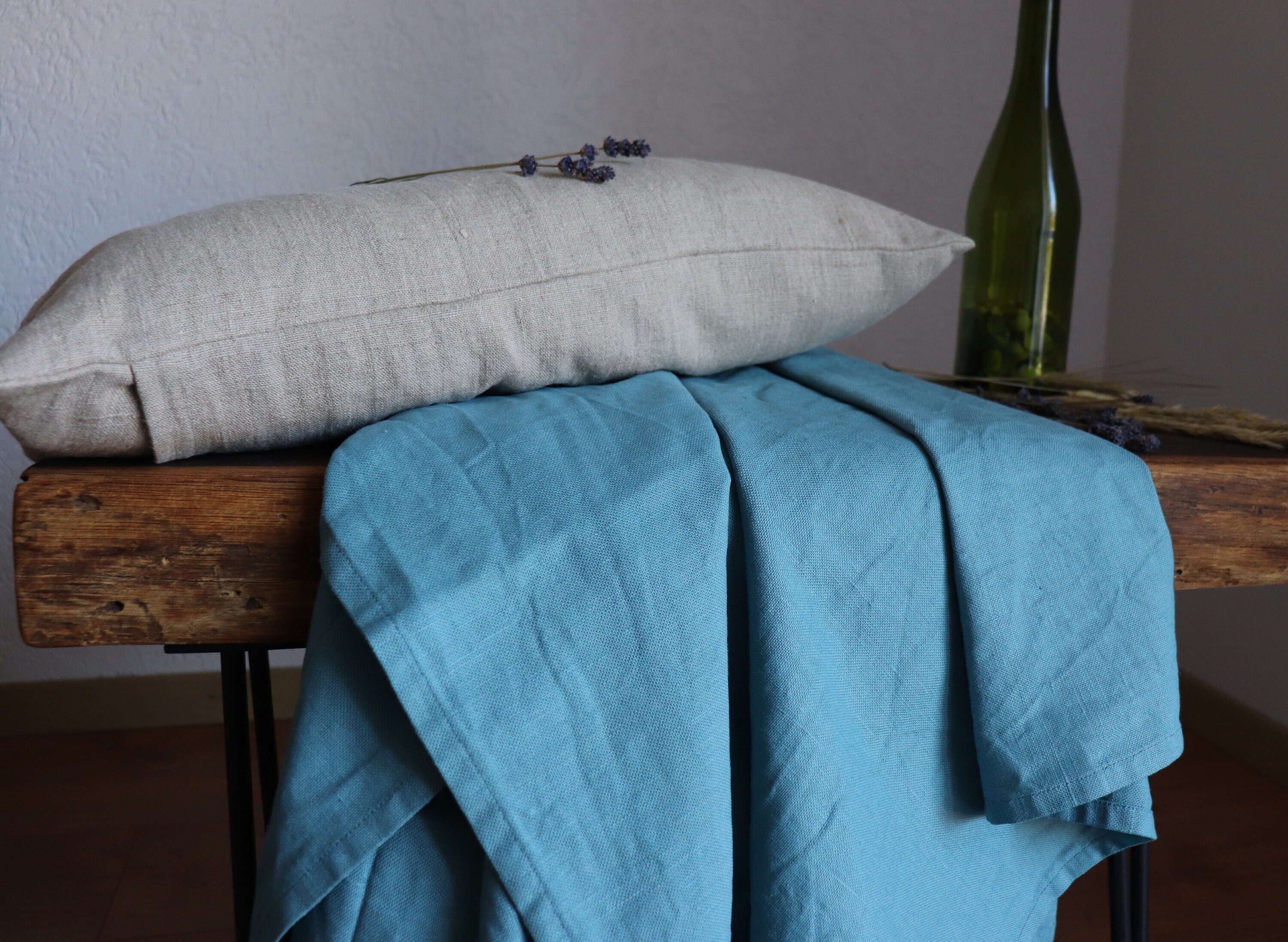 Sea blue linen blanket of natural flax, Softened linen throw blanket