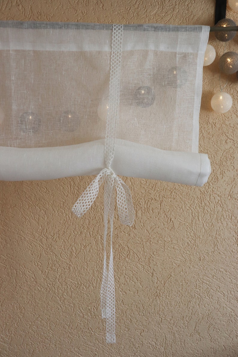 White Linen Tie up Curtain Sheer Linen Curtain Kitchen Tie Etsy