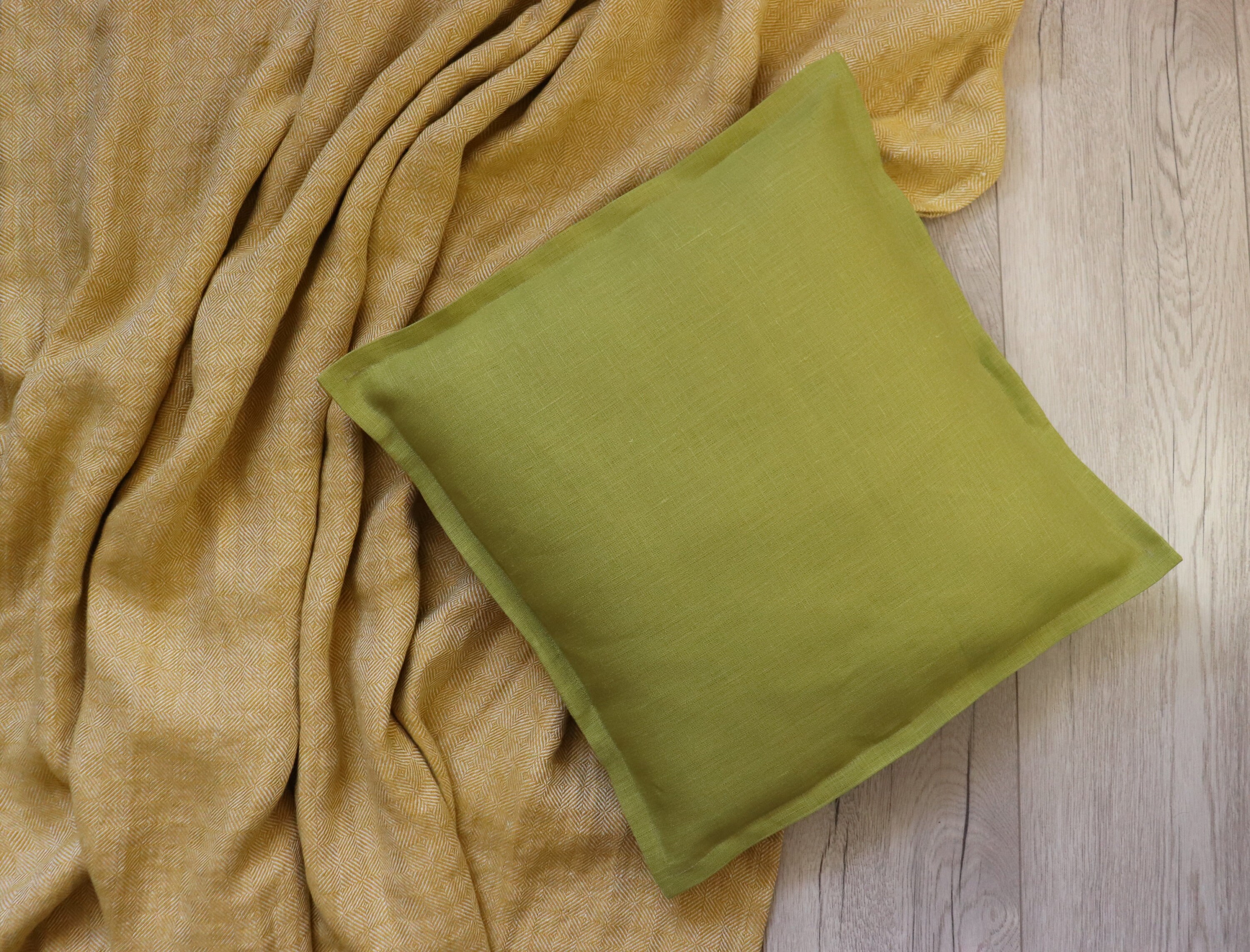Soft linen throw of patterned linen flax, Yellow mustard linen blanket
