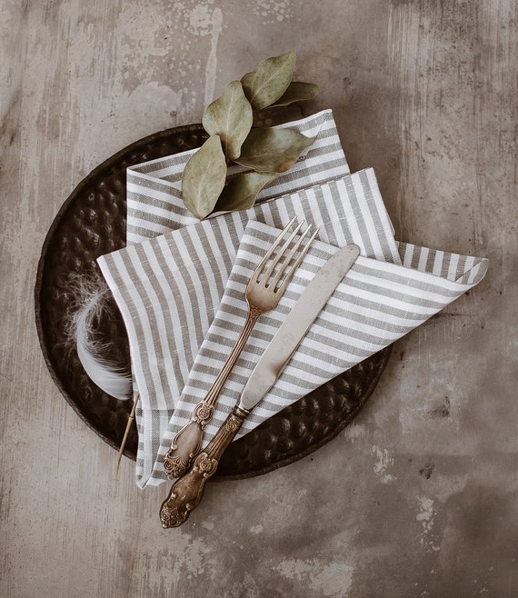 Striped Linen Napkin Set of 6 8 10 White Grey Napkins Etsy