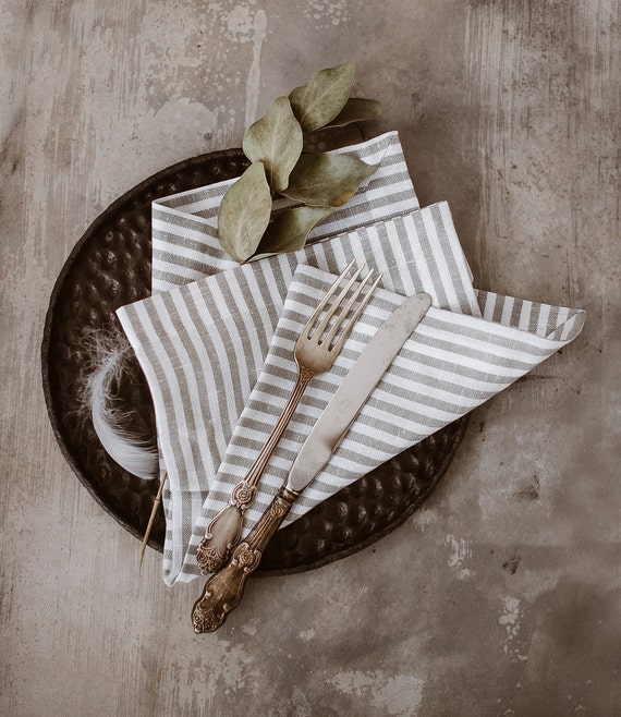 Striped Linen Napkin Set of 6 8 10. White Grey Napkins. Ticking Striped  Linen. Easter Linen Napkins. Christmas Napkins. French Style Napkins 