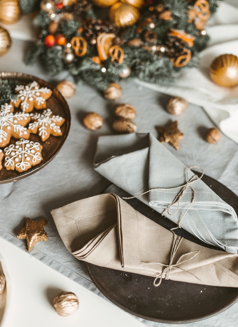 Set of tablecloth and napkins made of thick natural linen flax Christmas table linens Washed linen tablecloth and napkins of organic flax