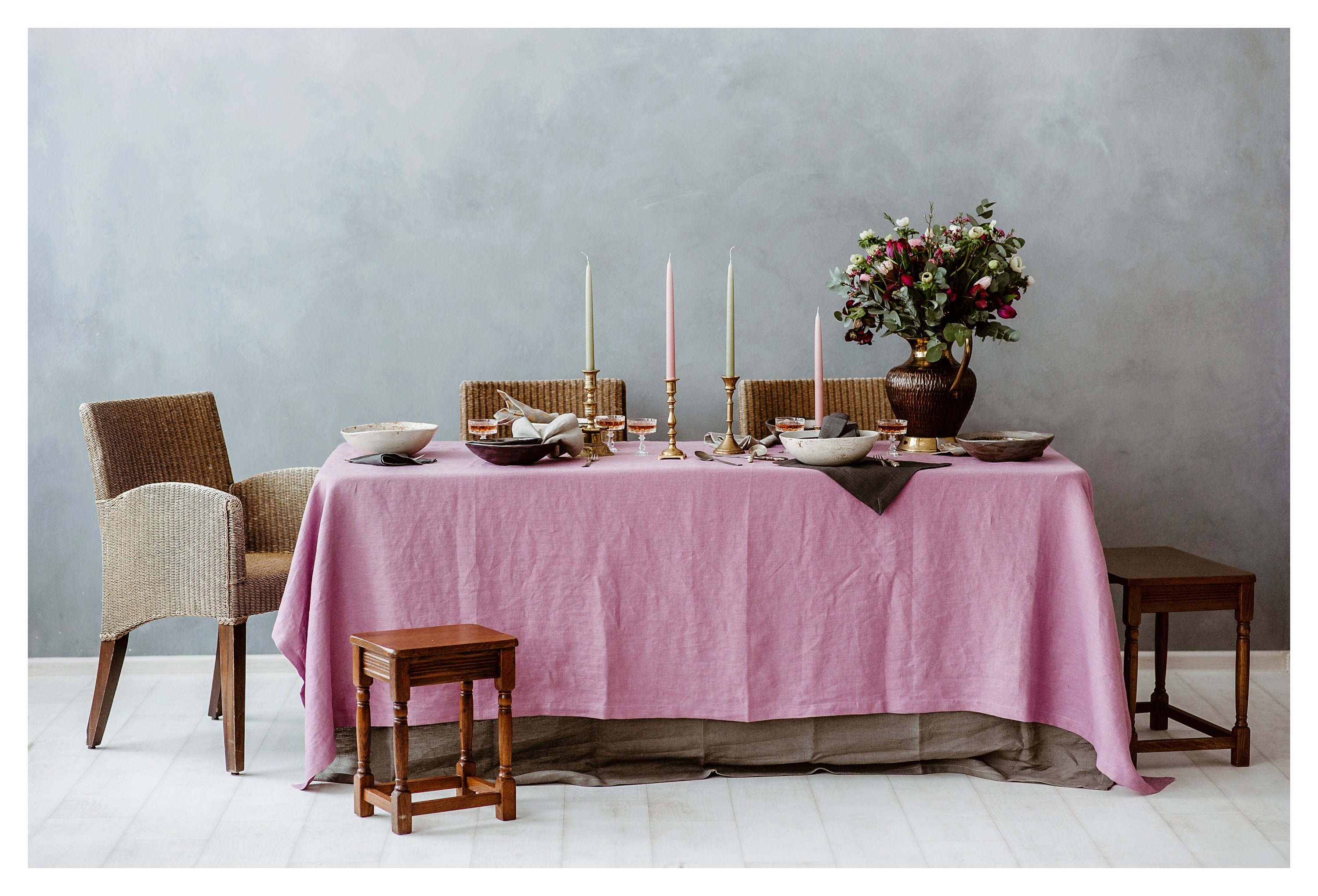 Linen Tablecloth and Napkins in Pink, Gray, White Tablecloth, Natural