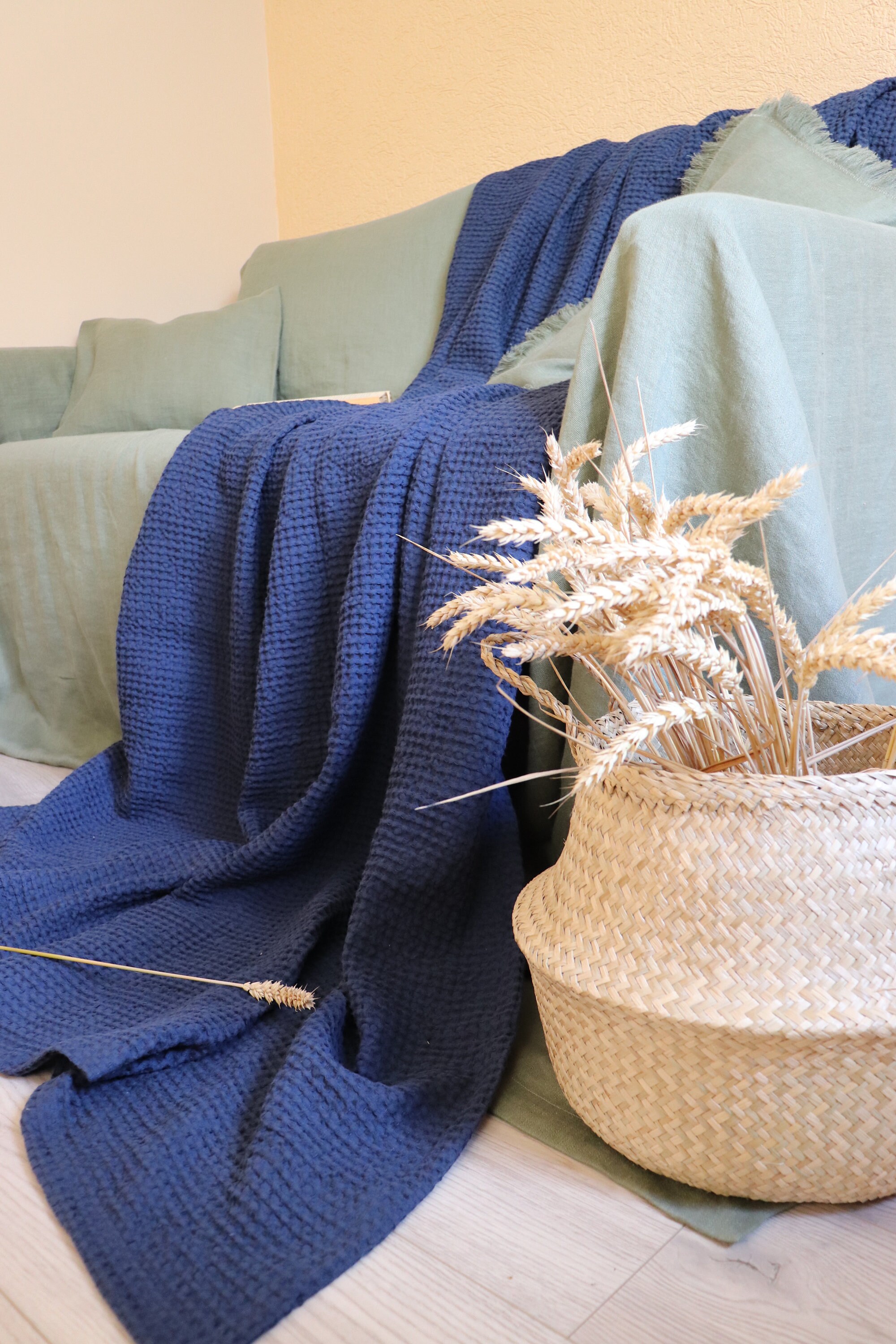 Blue linen throw blanket hotsell