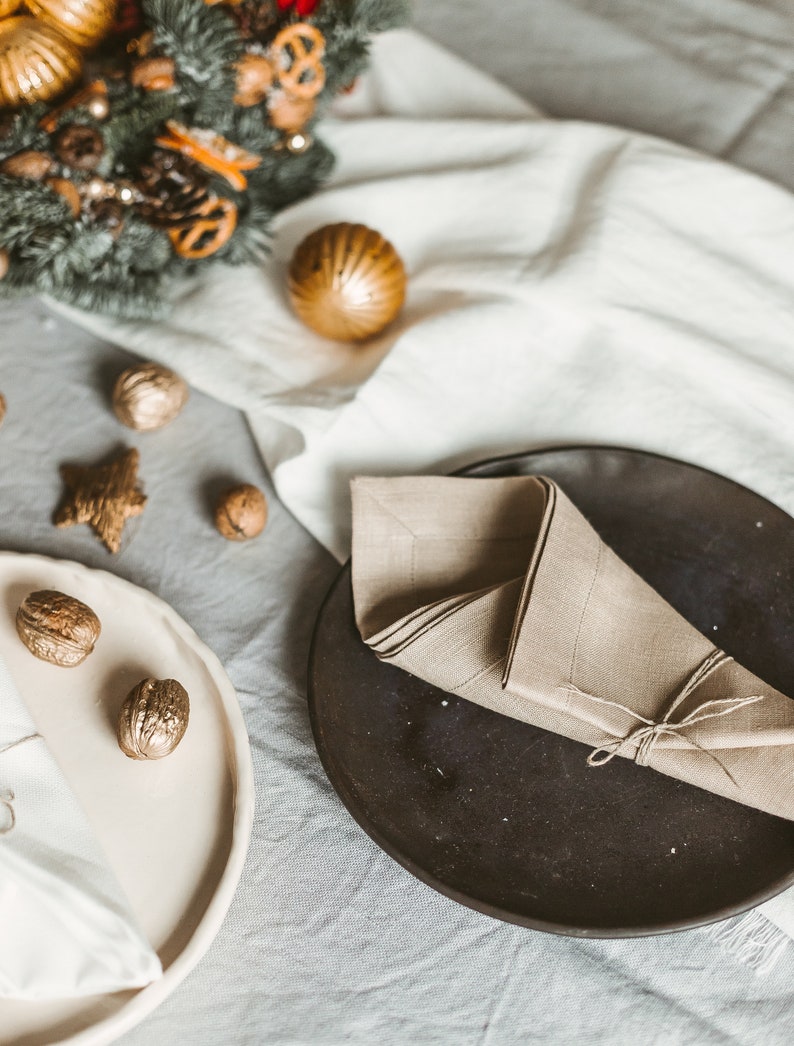 Set of tablecloth and napkins made of thick natural linen flax Christmas table linens Washed linen tablecloth and napkins of organic flax