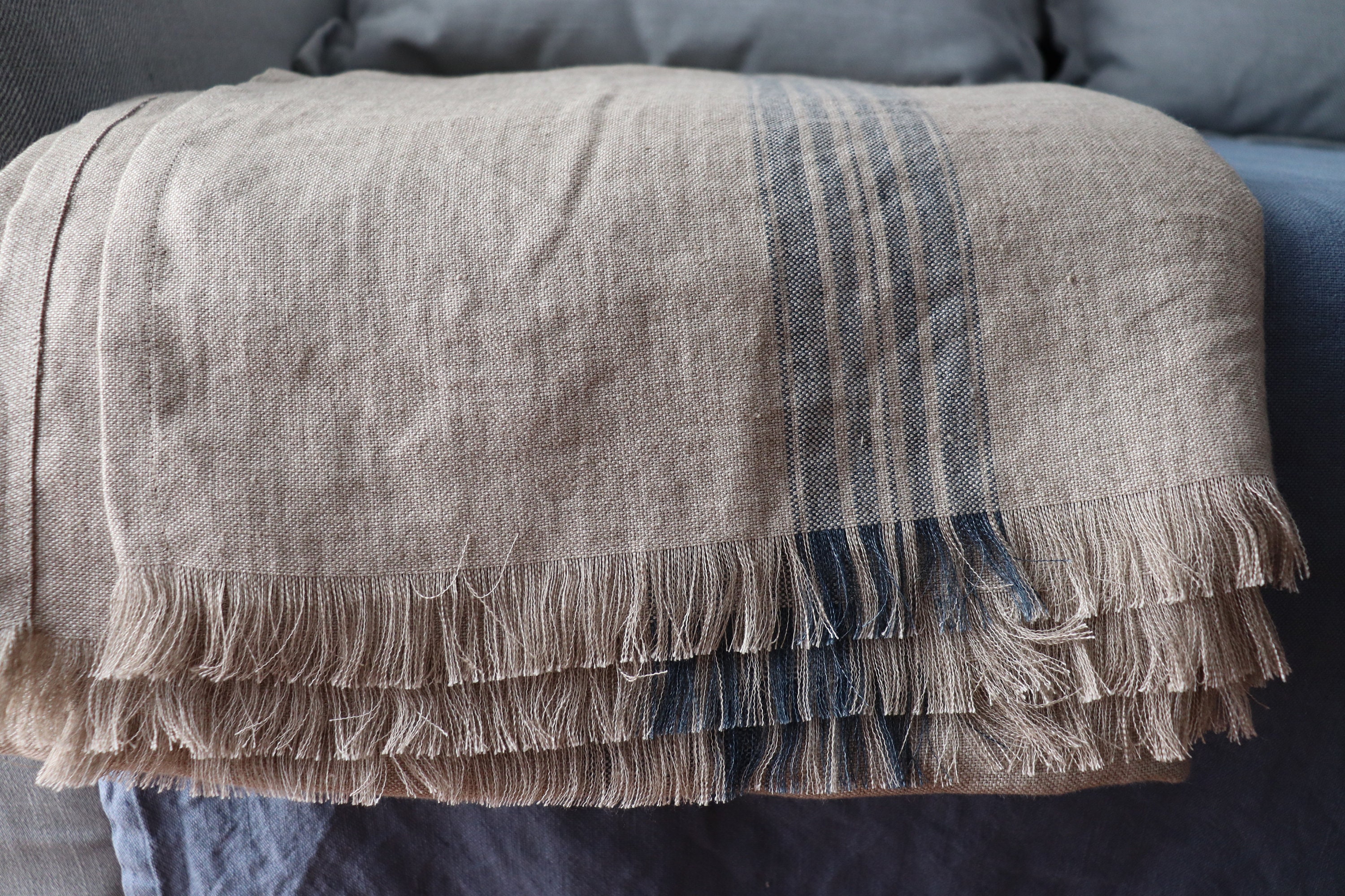 Natural Linen Blanket with stripes in a grain sack pattern, Throw