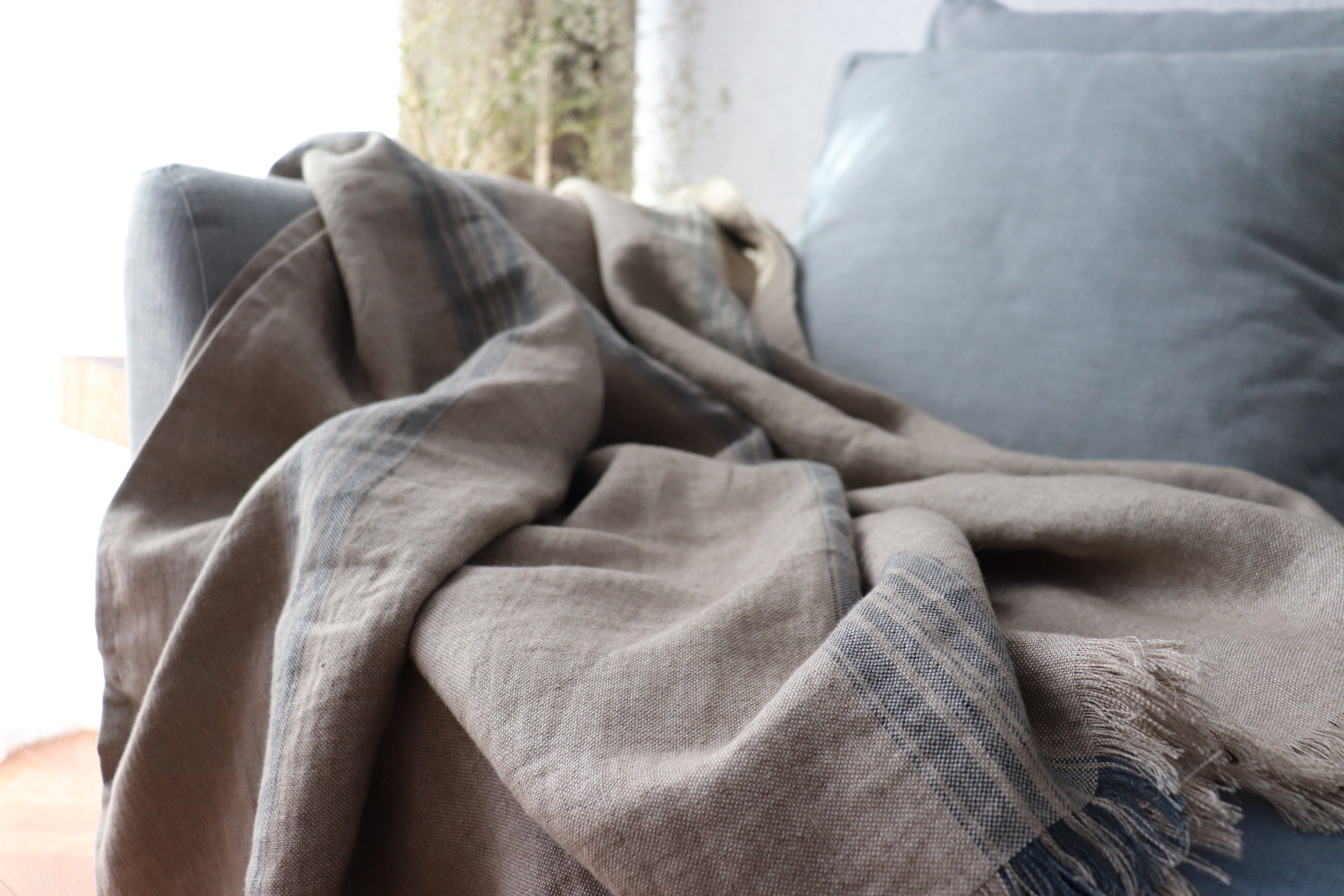 Linen Blanket with black stripes in a grain sack pattern, Thick Linen