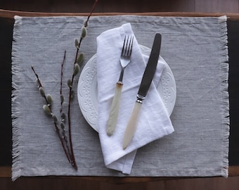 Washed linen placemats with fringed edges , Light gray linen placemats, Organic linen placemats, Placemat of linen flax, Easter placemats