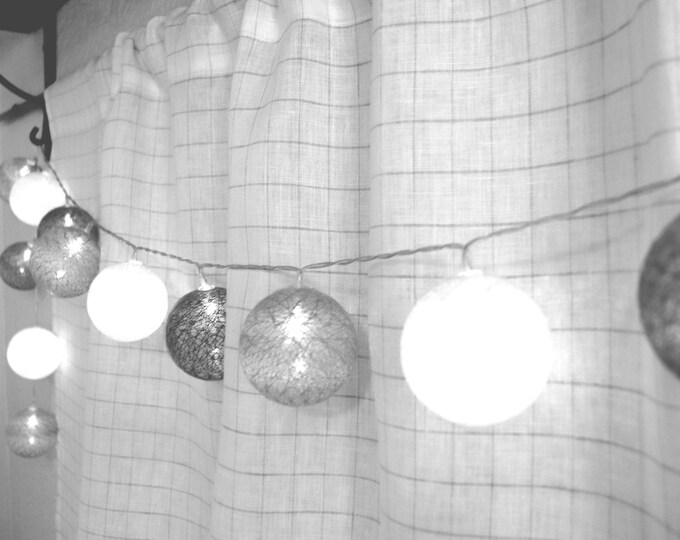Linen curtain in checked pattern, Linen cafe curtains with grey checks, Custom linen curtain.
