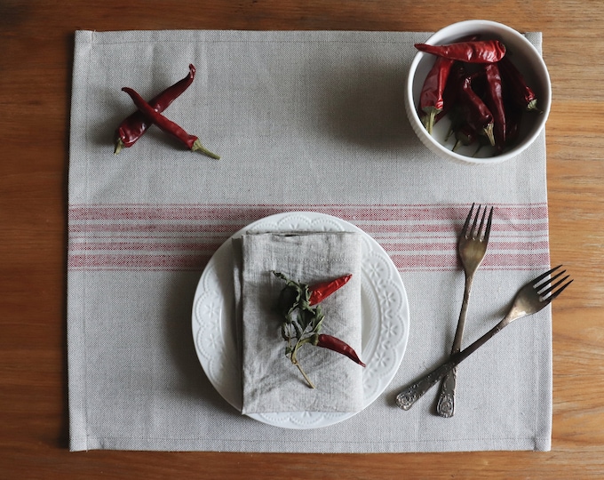 Placemat set of natural linen flax. Grain sack linen placemats with red stripes. Thick linen placemats. Farmhouse style linen placemats