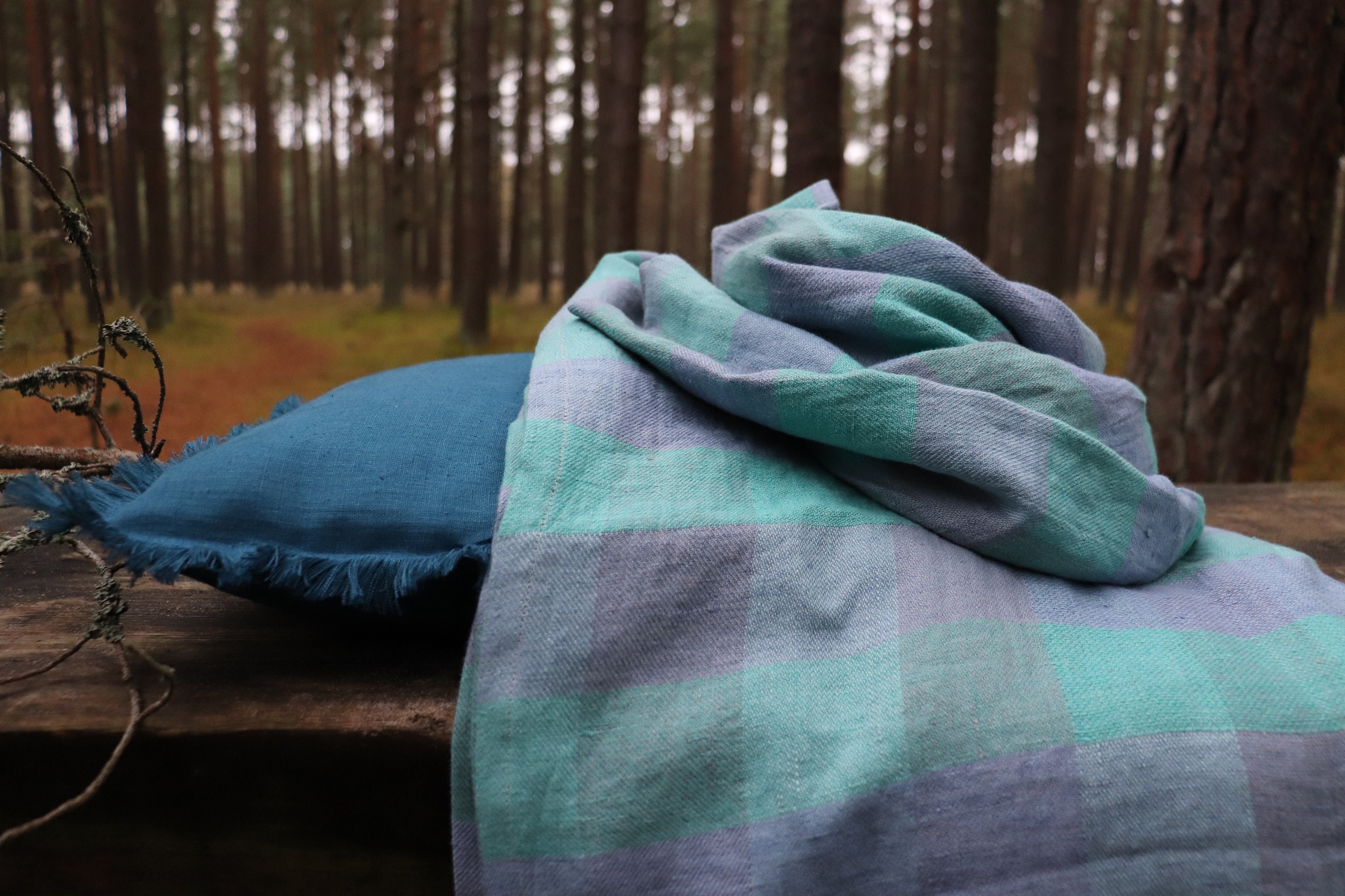 Grey Green checked linen plaid blanket, Natural linen throw with